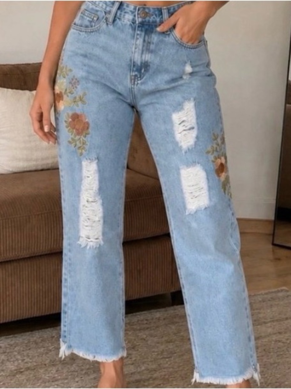 POL Light Blue Distressed Cropped Jeans with Floral Embroidery
